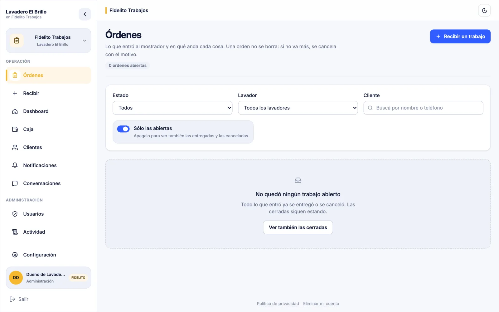 Pantalla de Fidelito Trabajos: El cliente sigue su trabajo por un link y deja de llamarte para preguntar si está listo.